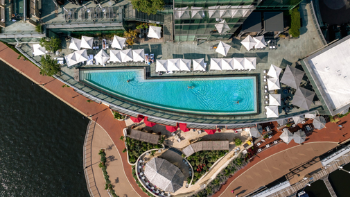 Four Seasons Hotel Baltimore aerial view of rooftop.